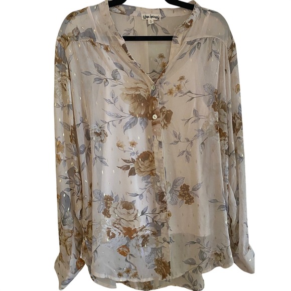 Hope Springs Tops - Hope Springs Floral Gold Metallic Filigree Sheer Blouse with Camisole XL Tan